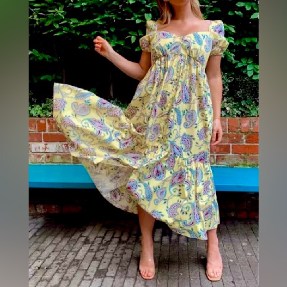 Zara Yellow Paisley Puff Sleeve Midi Dress | Size M | Has Pockets!! - Picture 11 of 12